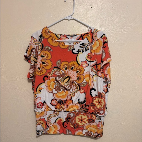 Chico's Orange and Yellow Floral Short Sleeve Tee - Picture 1 of 8